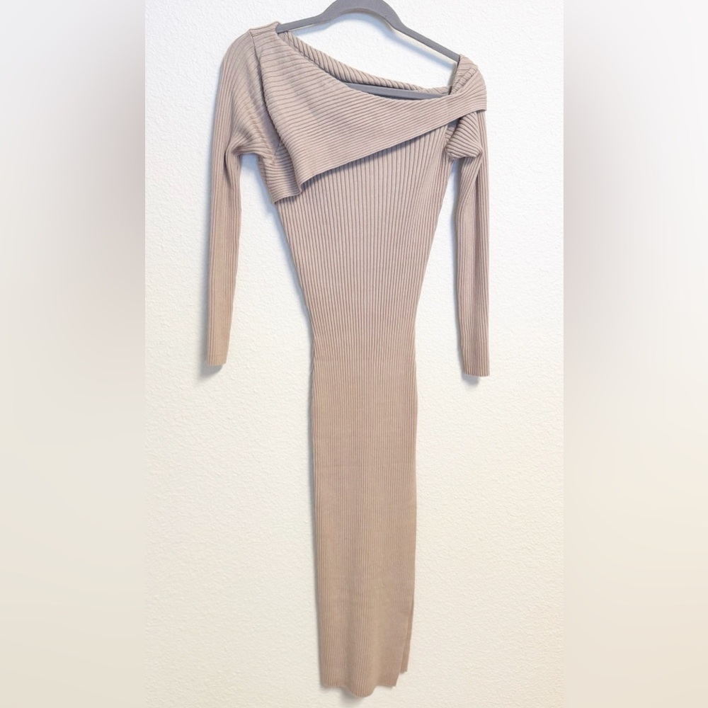 Amazon Beige Asymmetrical Off Shoulder High Slit Bodycon Midi Sweater Dress - Picture 2 of 4